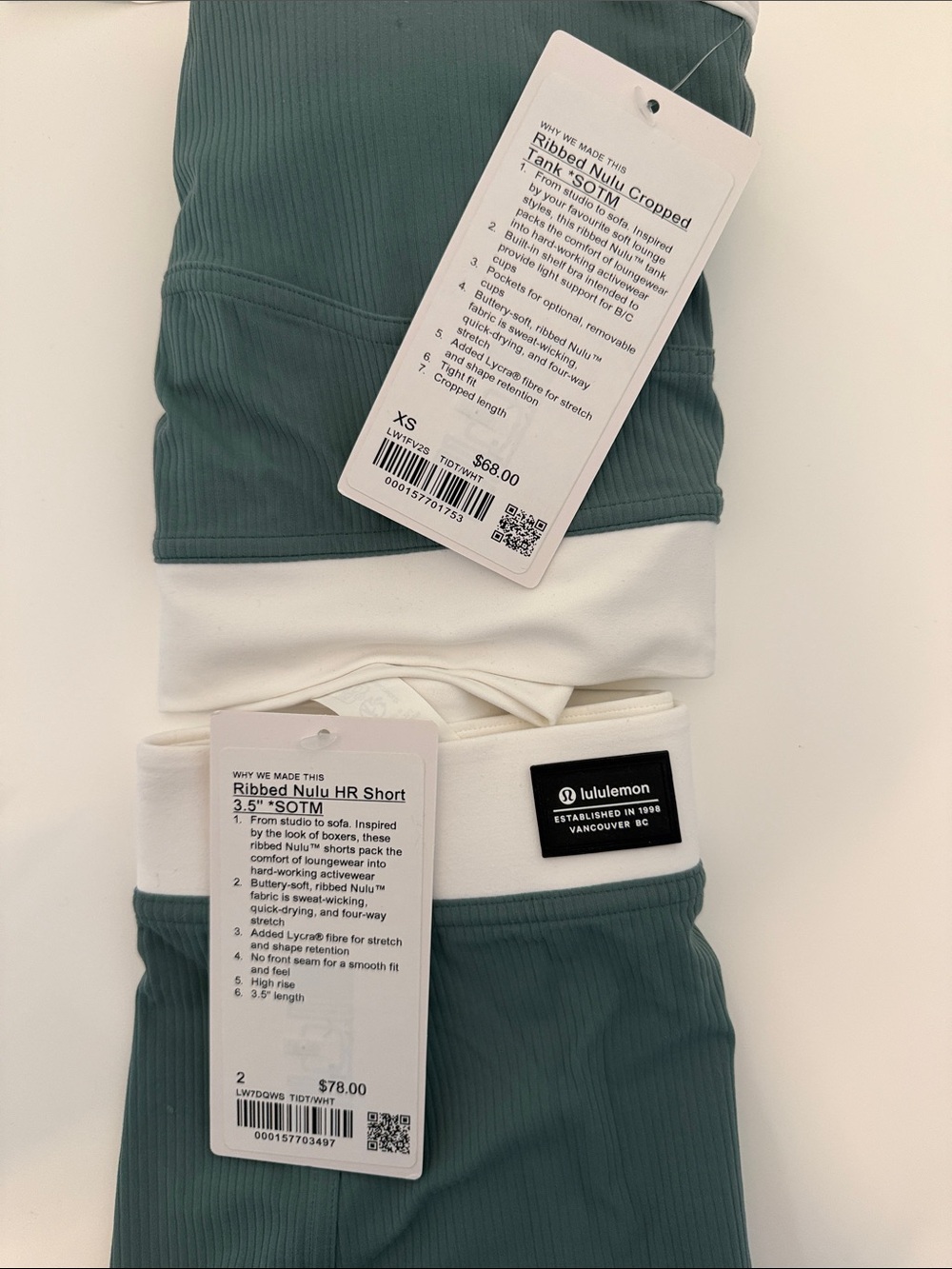 lululemon athletica teal and white ribbed sports bra & shorts set - Picture 2 of 2